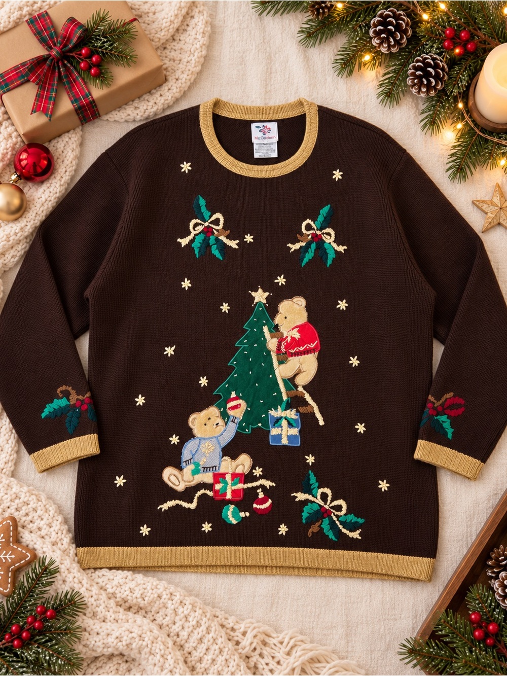 Vintage 90s Nutcracker Embroidered Christmas Tree Bears Mistletoe Sweater